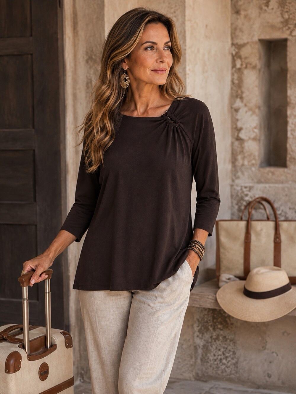 NEW Chicos Tunic Top Luxury Minimalist Evening Feminine Liquid Knit Brown Gold 3